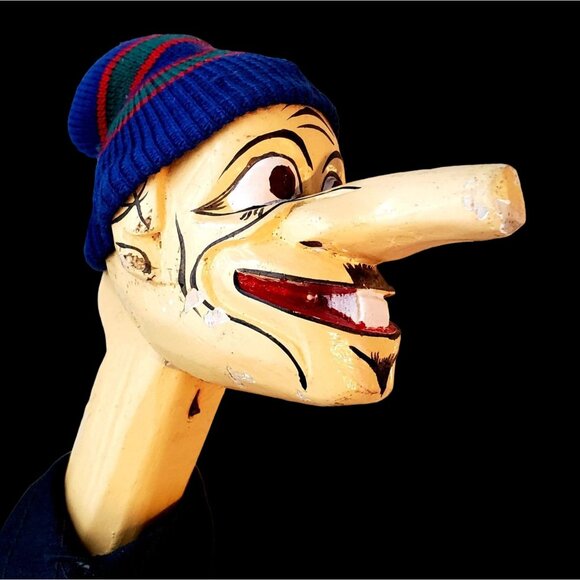Two Hand Carved Puppets Wayang Golek Long Nose Java Indonesia Beanie Hats 17" - Picture 5 of 10